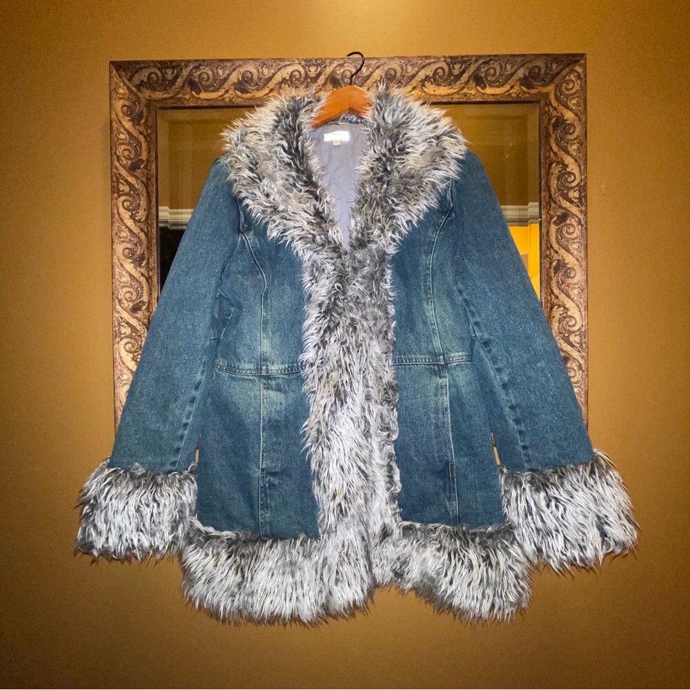 Vintage Giacca Shaggy Penny Lane Inspired Denim & Faux Fur Coat, Large